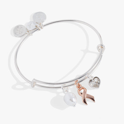 Breast Cancer Awareness Pink Ribbon Trio Charm Bangle