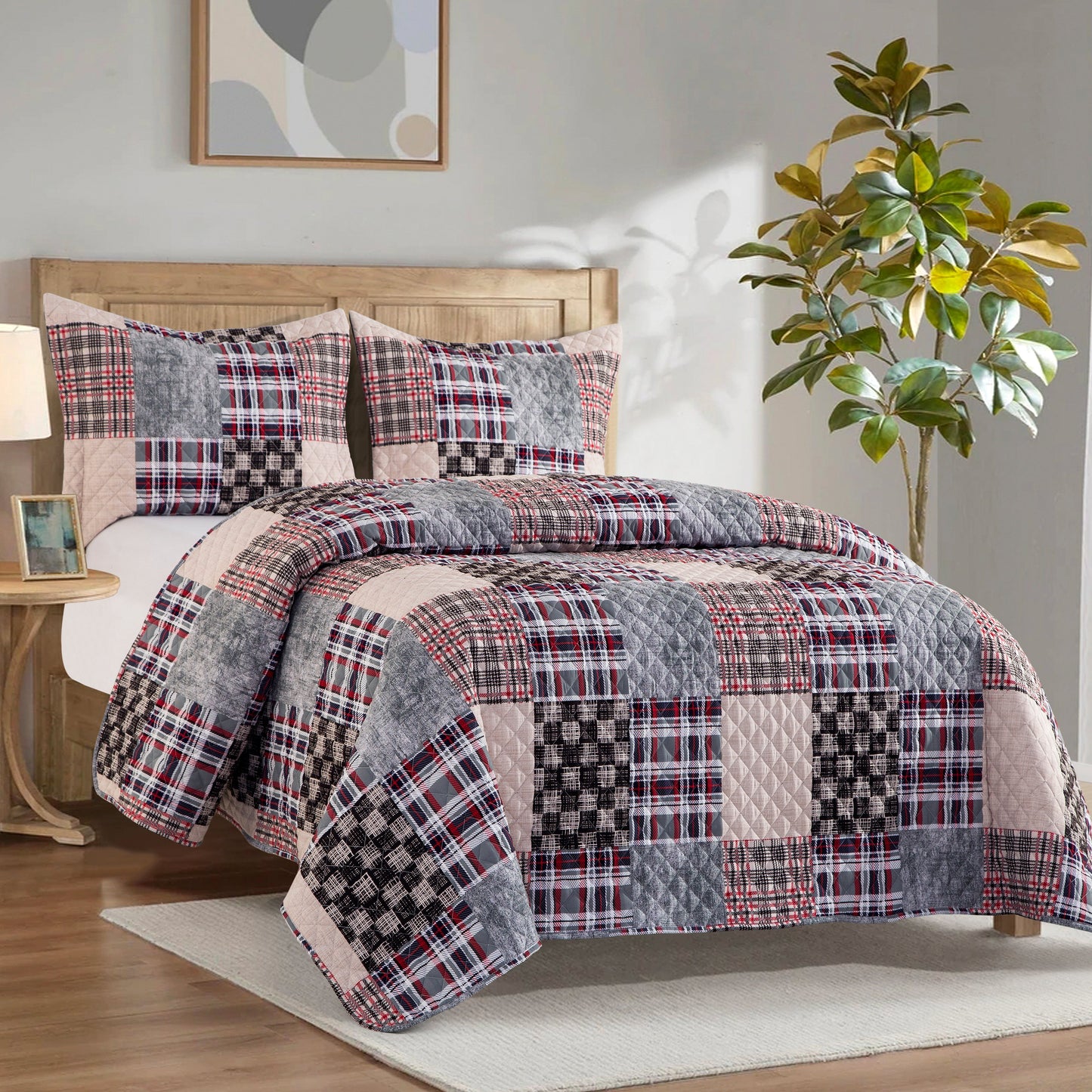 Elegant Comfort 3-Piece Patch Plaid Quilted Reversible Bedspread Coverlet Set