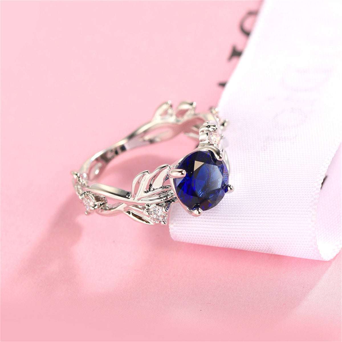 Navy Crystal & Silvertone Round-Cut Floral Ring-2