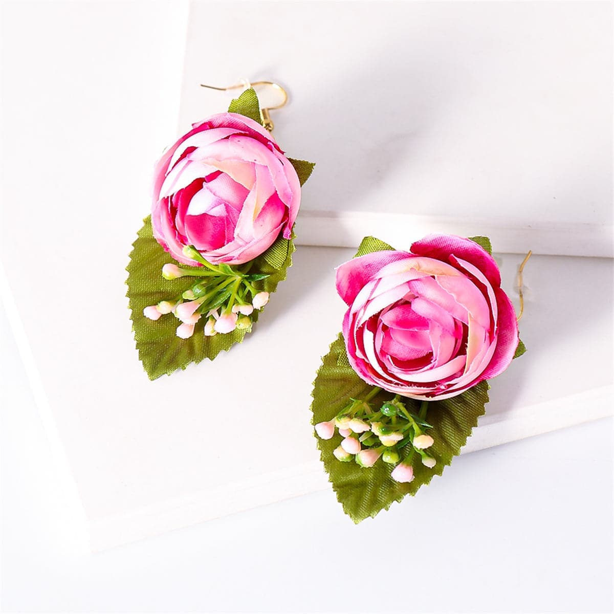 Pink Plastic & Goldtone Flower Drop Earrings