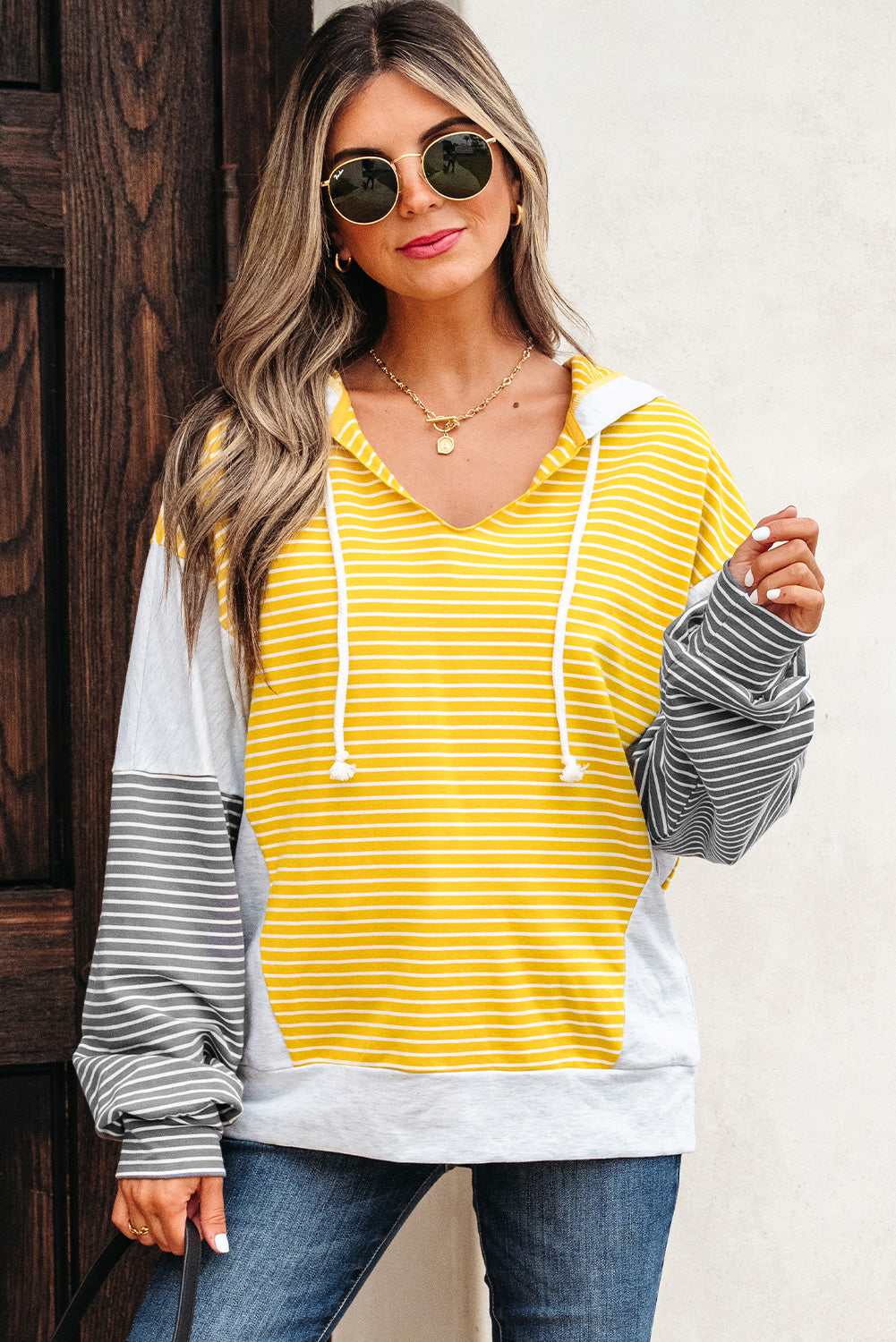 Threaded Pear Margot Stripe Drawstring Loose Fit Hooded Top