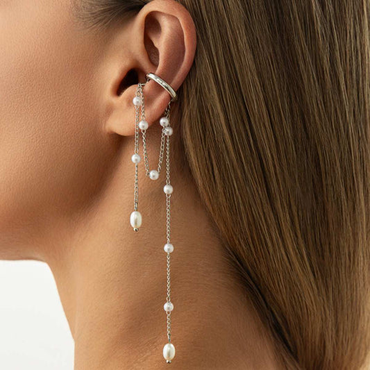 Pearl & Silvertone Beaded Chain Tassel Ear Cuff