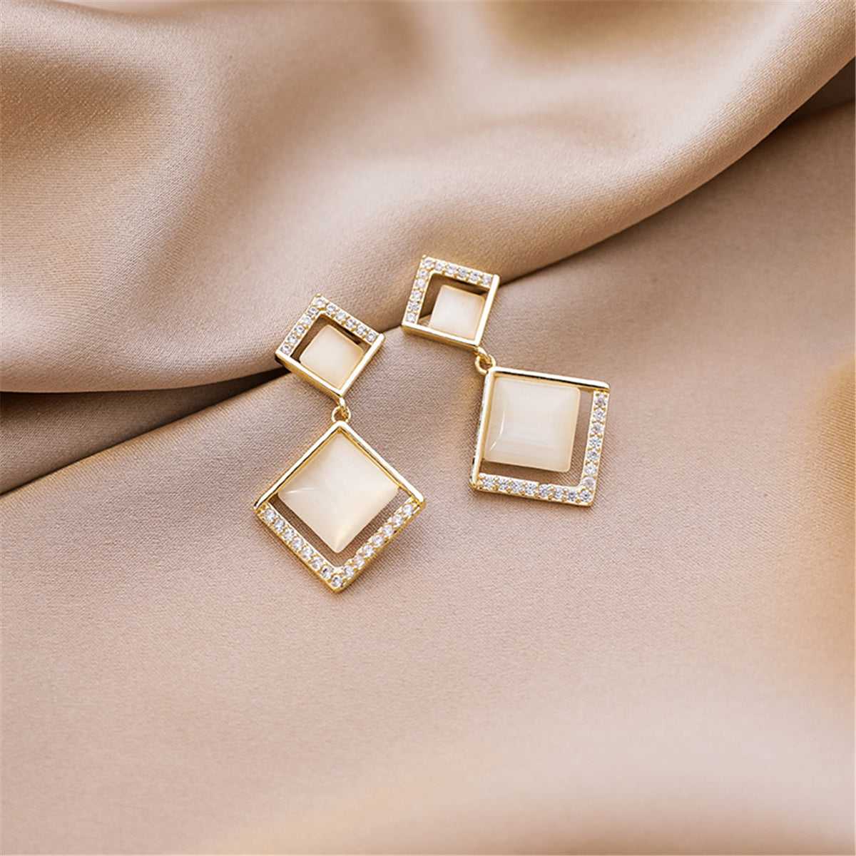 Cubic Zirconia & Cat's Eye Goldtone Rhombus Drop Earrings