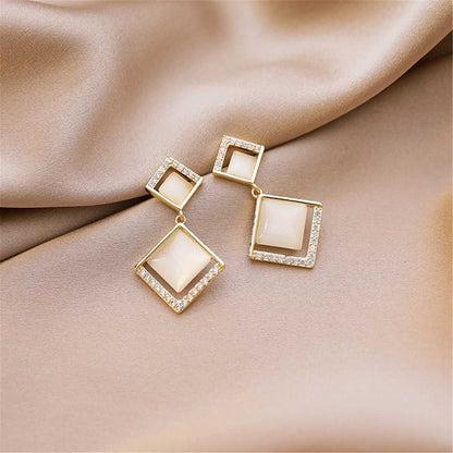 Cubic Zirconia & Cat's Eye Goldtone Rhombus Drop Earrings