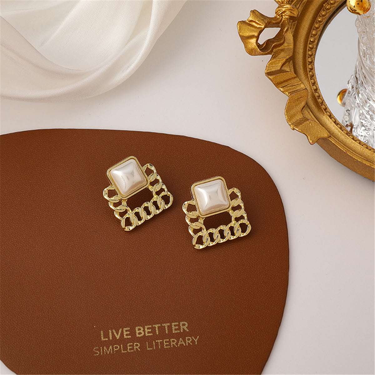 Pearl Goldtone Figaro Square Stud Earrings