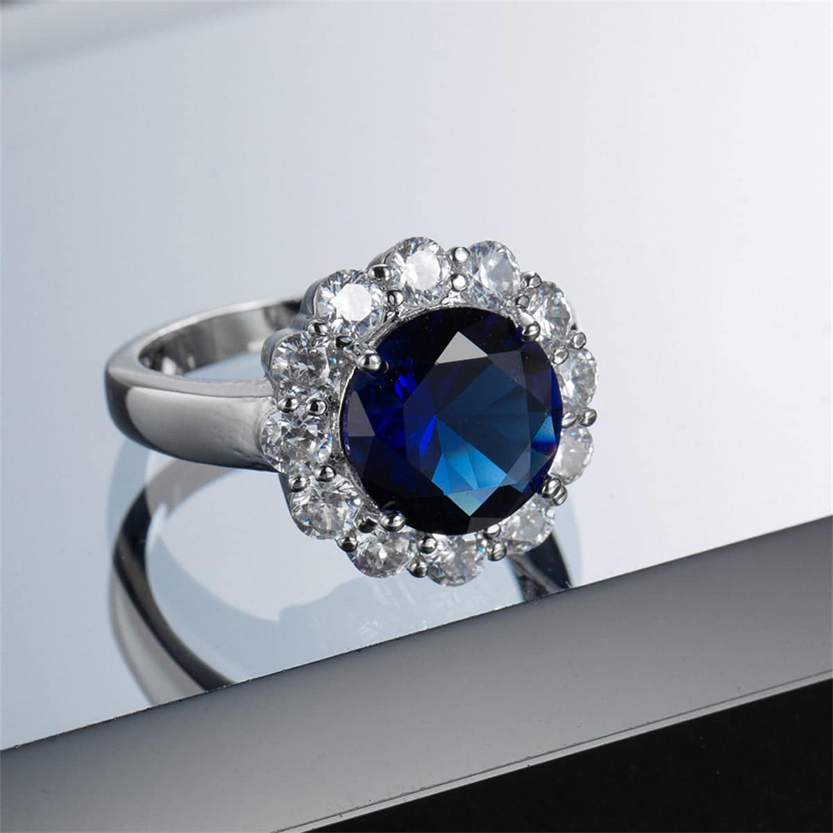 Navy Crystal & Cubic Zirconia Round-Cut Halo Ring-3