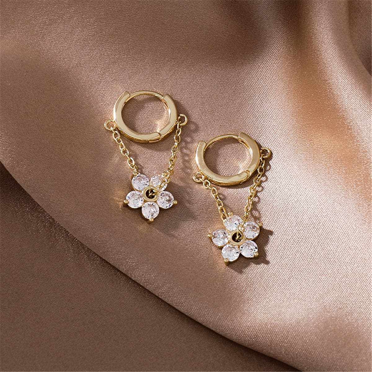 Cubic Zirconia & Goldtone Floral Chain Huggie Earrings