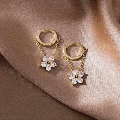 Cubic Zirconia & Goldtone Floral Chain Huggie Earrings