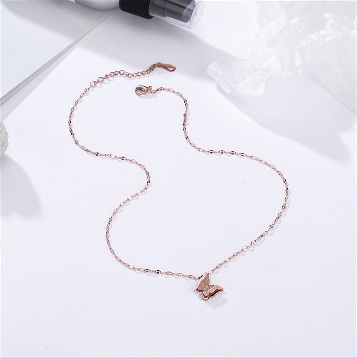 Rose Goldtone Frosted Butterfly Pendant Necklace