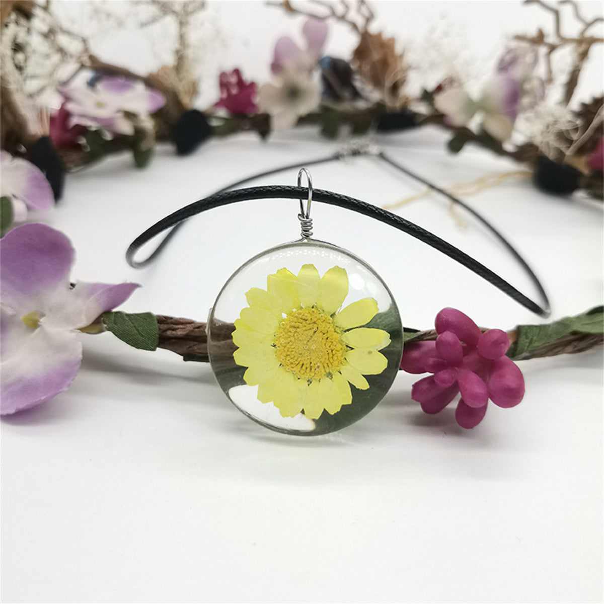Yellow Daisy Round Cord Pendant Necklace