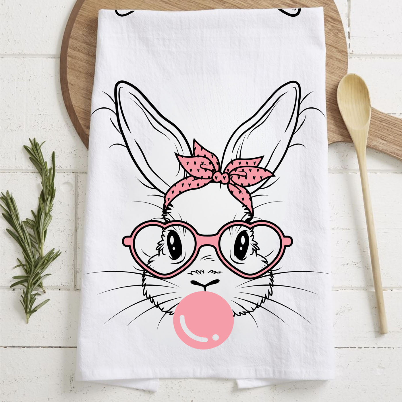 bubblegum bunny kitchen towel
funny easter bunny dish towel
pink glasses bunny flour sack towel
sassy bunny easter tea towel
bubble blowing bunny kitchen decor
cute bunny with heart glasses towel