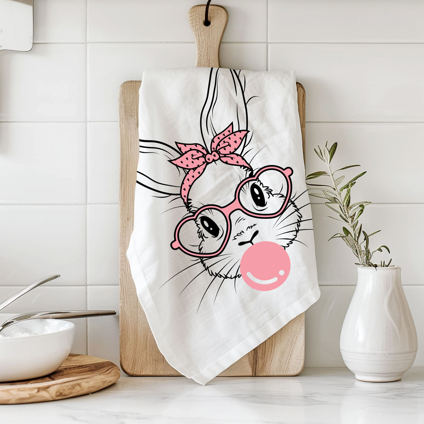 Cool bunny kitchen towel bubblegum spring decor
Line art bunny kitchen towel pink accents Easter
Modern farmhouse bunny towel bubblegum heart glasses
Graphic design bunny kitchen towel retro pink
