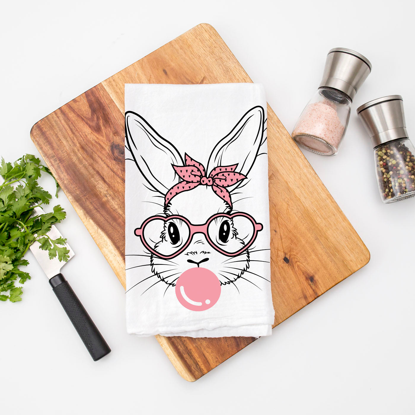 Bubblegum bunny kitchen towel on wooden cutting board
Retro pink heart glasses bunny flour sack dish towel
Modern Easter kitchen towel bubblegum bunny design
Black white pink bunny kitchen towel spring decor
