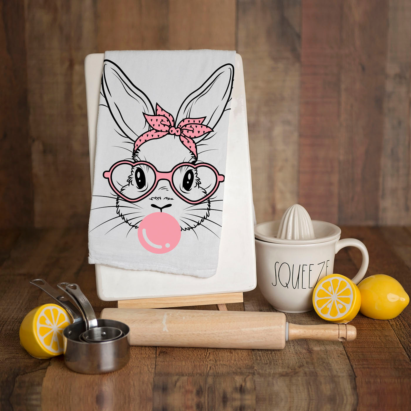 Pink bandana bunny dish towel Easter spring
Bubblegum bubble kitchen towel retro bunny design
Black line art bunny towel pink heart glasses
Bandana headband bunny kitchen towel bubblegum Easter