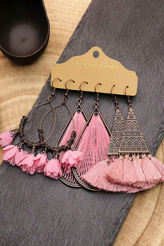 Threaded Pear 3 Pairs Boho Floral Tasseled Geometric Dangle Earrings Set