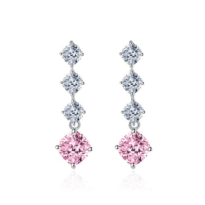Pink Crystal & Silvertone Cushion-Cut Drop Earrings
