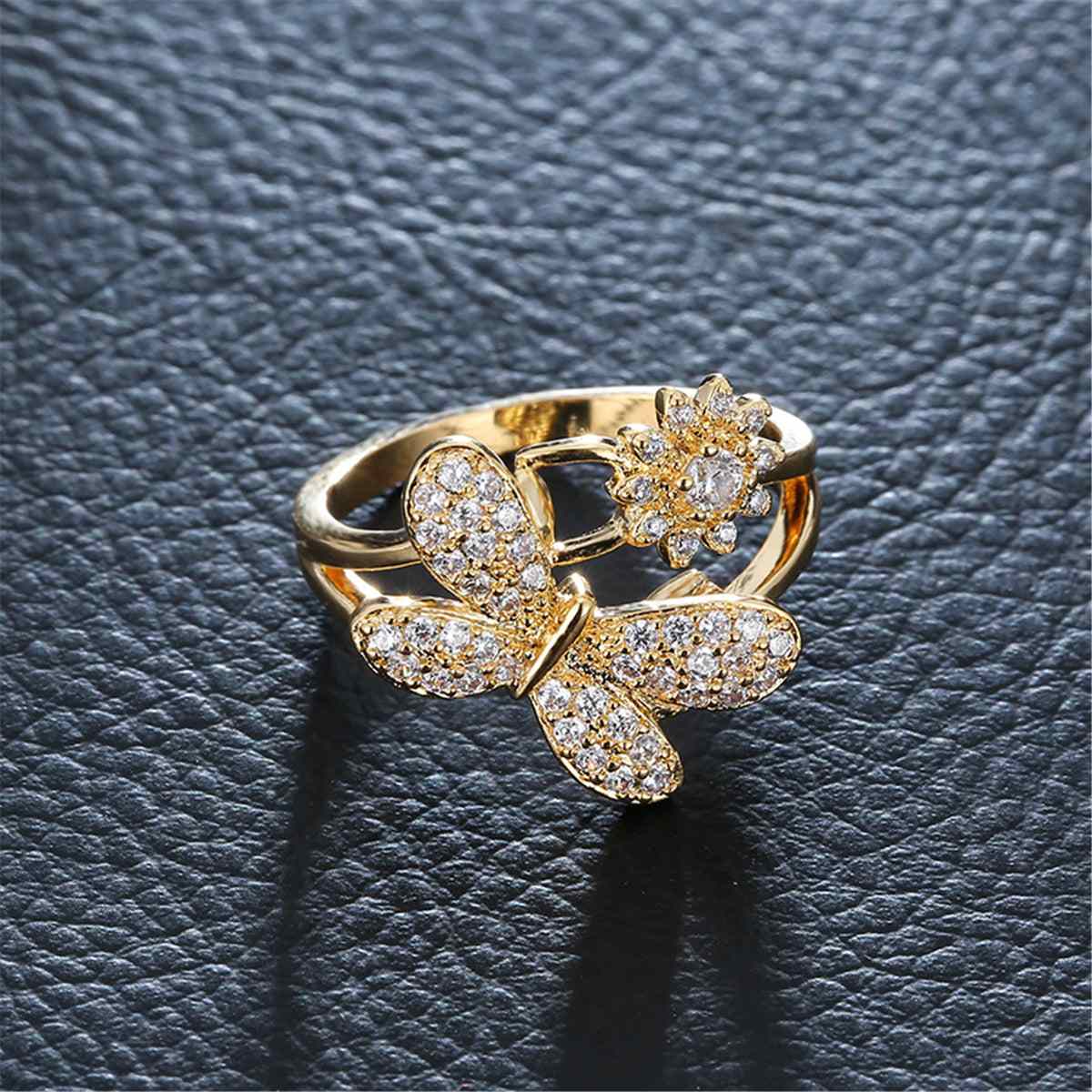 Cubic Zirconia & Goldtone Dragonfly Ring-1