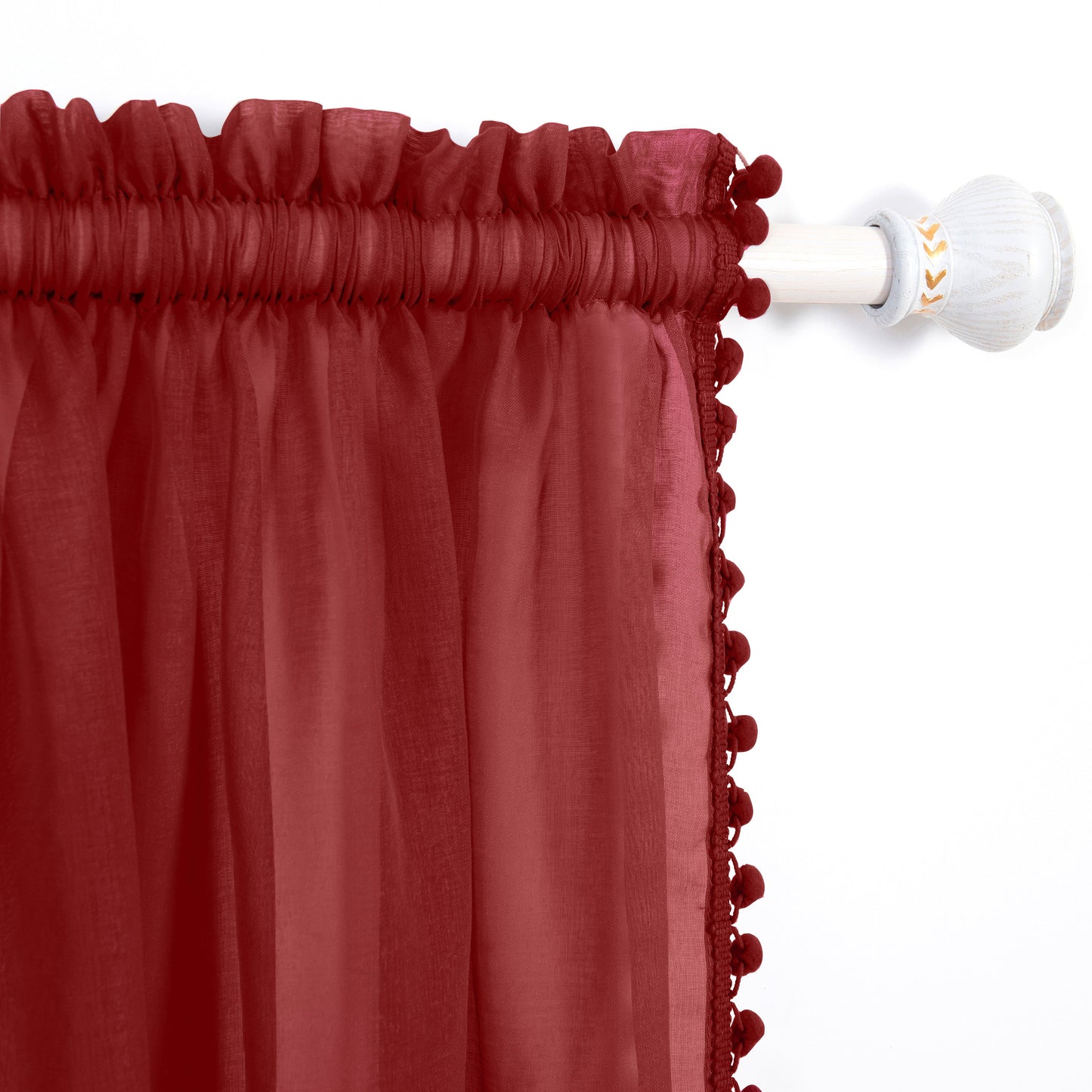 Elegant Comfort Set of 2 Pom Pom Tasseled Sheer Curtain - Rod Pocket