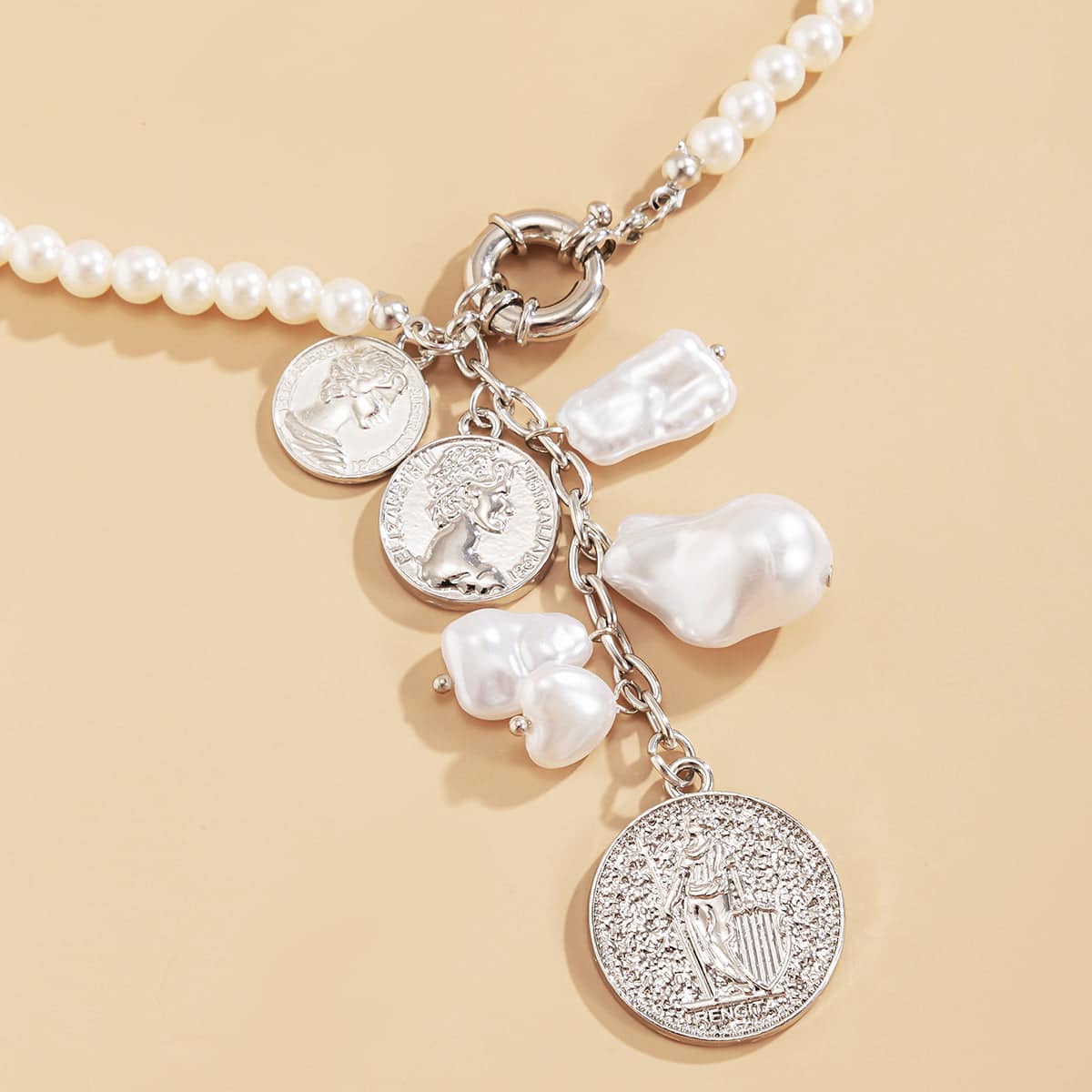 Pearl & Silvertone Coin Drop Necklace