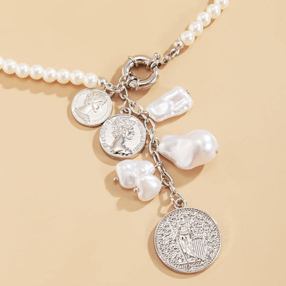 Pearl & Silvertone Coin Drop Necklace