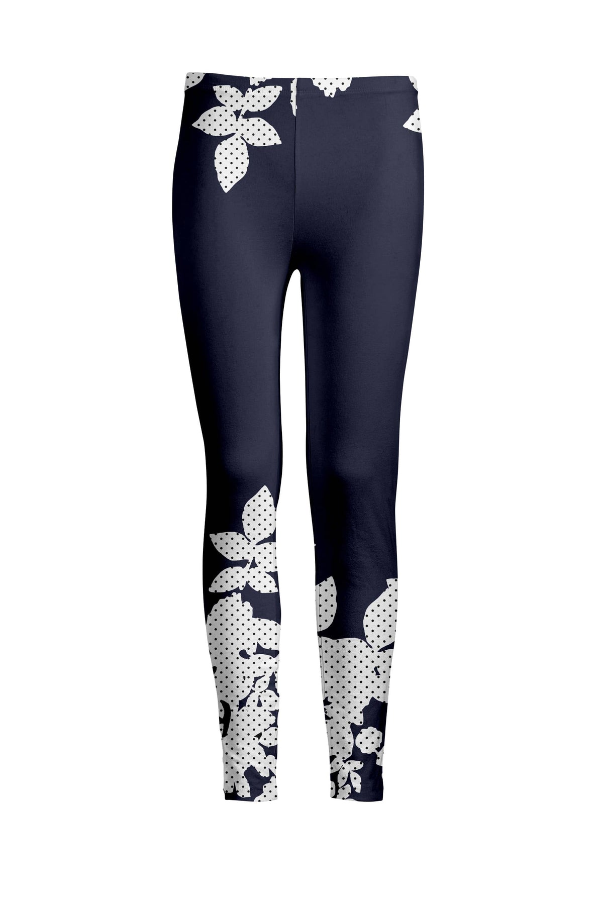 Lily by Firmiana Women's Medium Rise Leggings Navy Blue and White Leaf ...