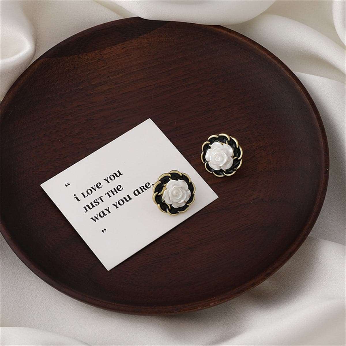 White Resin & Black Enamel Goldtone Camellia Stud Earrings