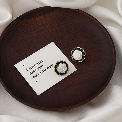 White Resin & Black Enamel Goldtone Camellia Stud Earrings
