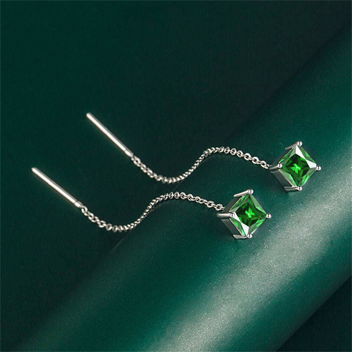 Green Crystal & Silvertone Cube Threader Earrings