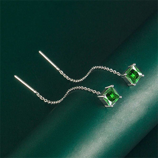 Green Crystal & Silvertone Cube Threader Earrings