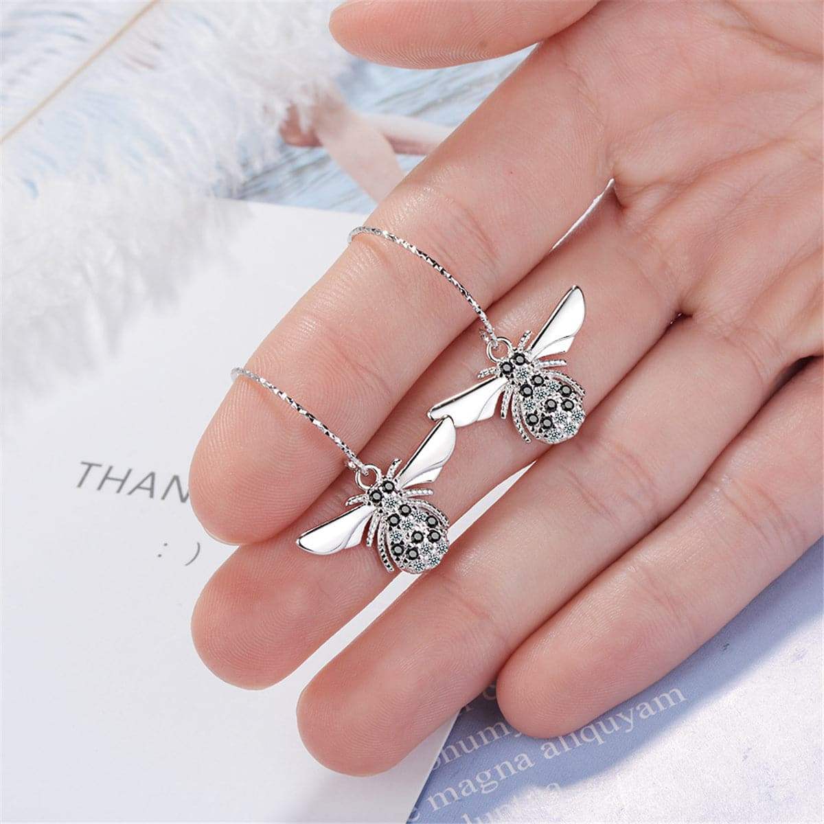 Cubic Zirconia & Silvertone Bee Drop Earrings