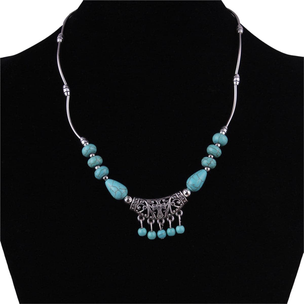 Turquoise & Silvertone Tassel Necklace