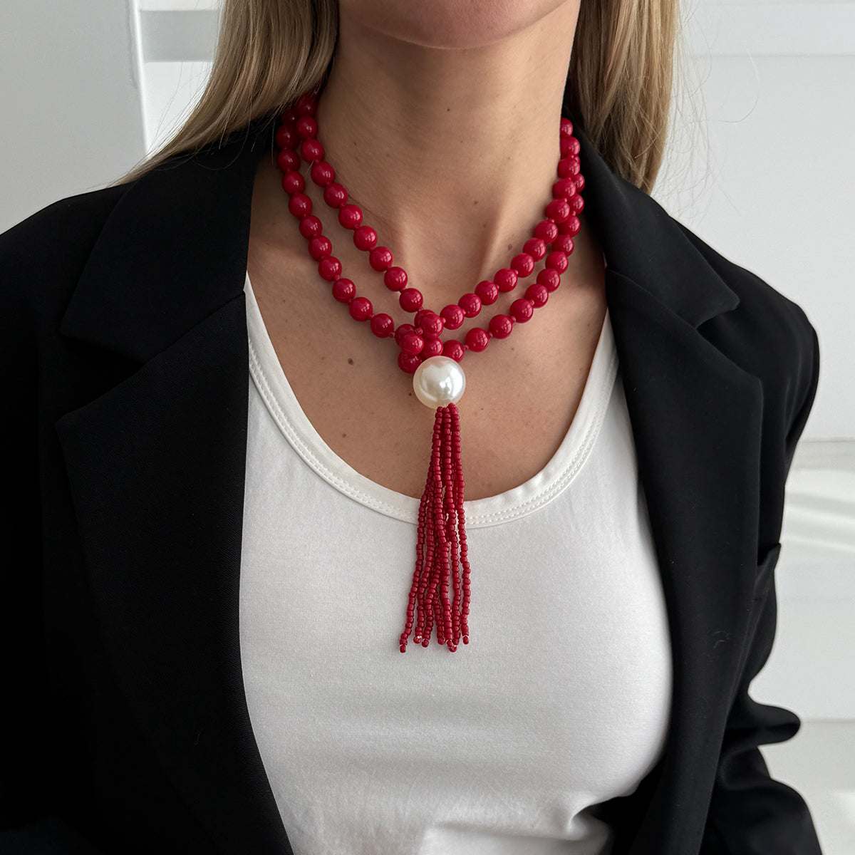 Red Resin & Pearl Big Ball Tassel Necklace