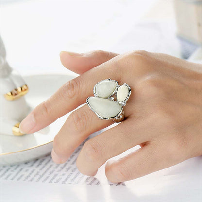 White Cats Eye Silvertone Abstract Ring-1
