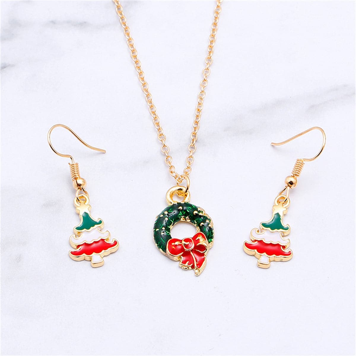 Green Enamel & Goldtone Wreath Pendant Necklace & Earrings