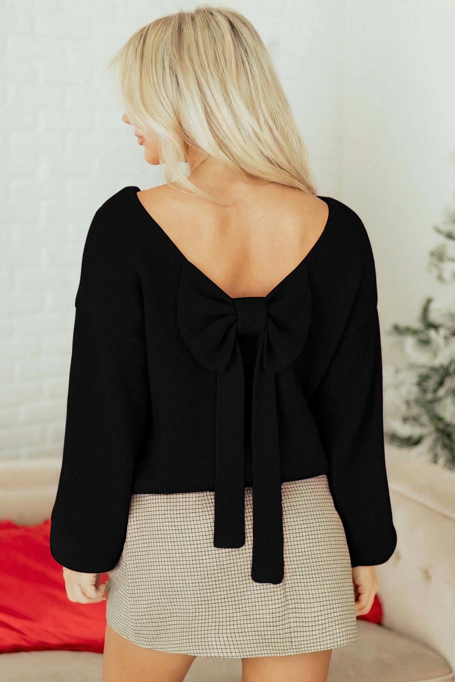Faye Backless Bubble Sleeve Sweater - Black / L - 12/14