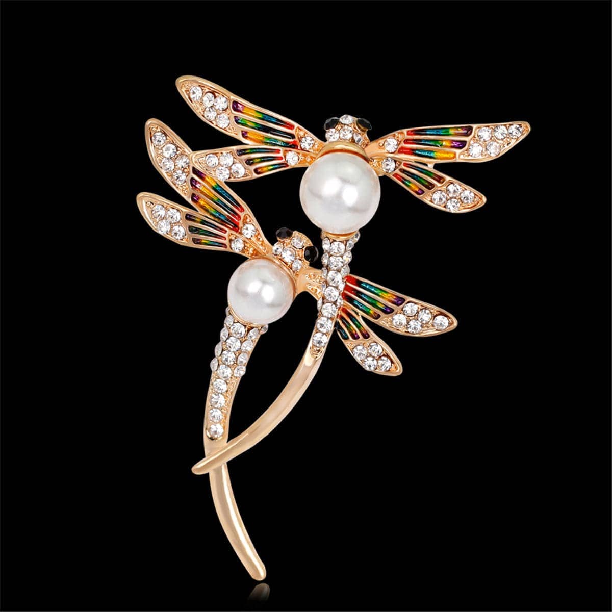 Pearl & Cubic Zirconia Enamel Goldtone Double-Dragonfly Brooch