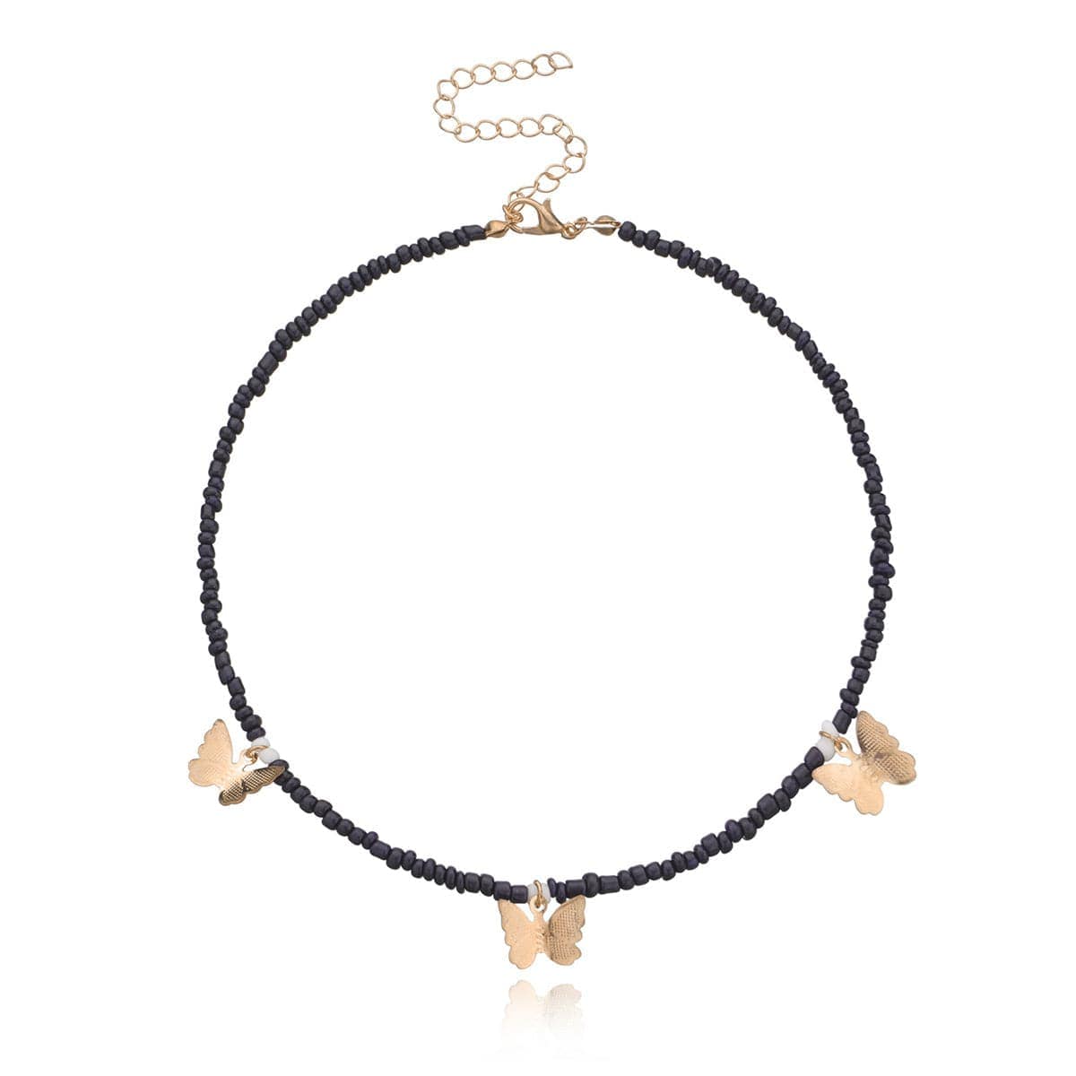 Black Howlite & Goldtone Butterfly Station Choker Necklace