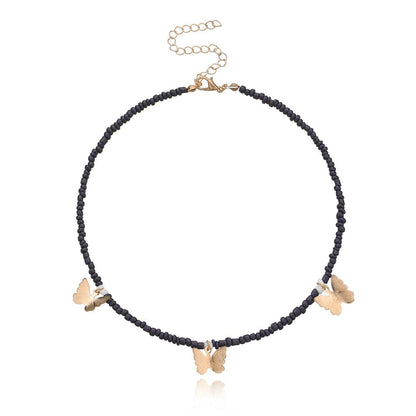 Black Howlite & Goldtone Butterfly Station Choker Necklace