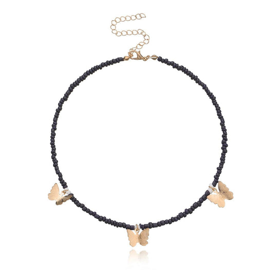 Black Howlite & Goldtone Butterfly Station Choker Necklace