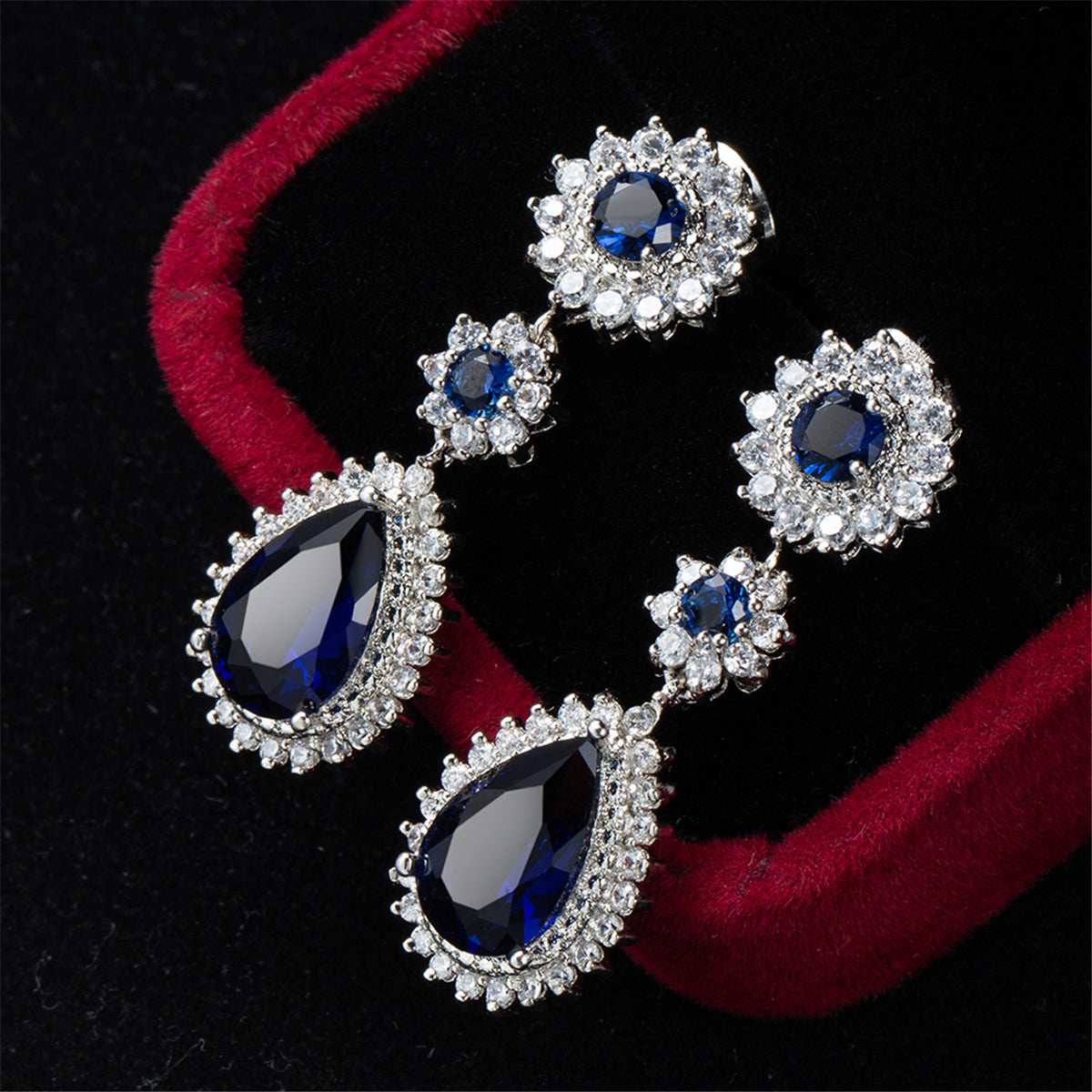 Navy Crystal & Silvertone Hola Drop Earrings