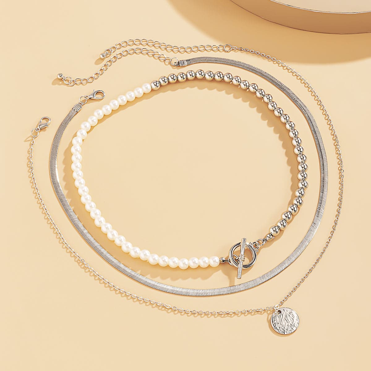 Pearl & Silvertone Toggle Necklace Set