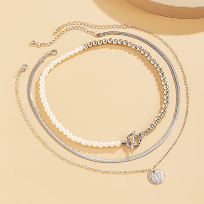 Pearl & Silvertone Toggle Necklace Set