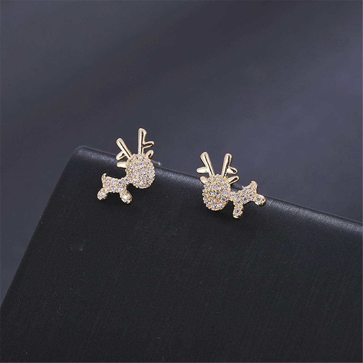 Cubic Zirconia & Goldtone Reindeer Stud Earrings-2