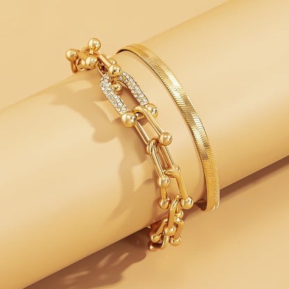 Cubic Zirconia & Goldtone Vachette & Snake Chain Bracelet Set