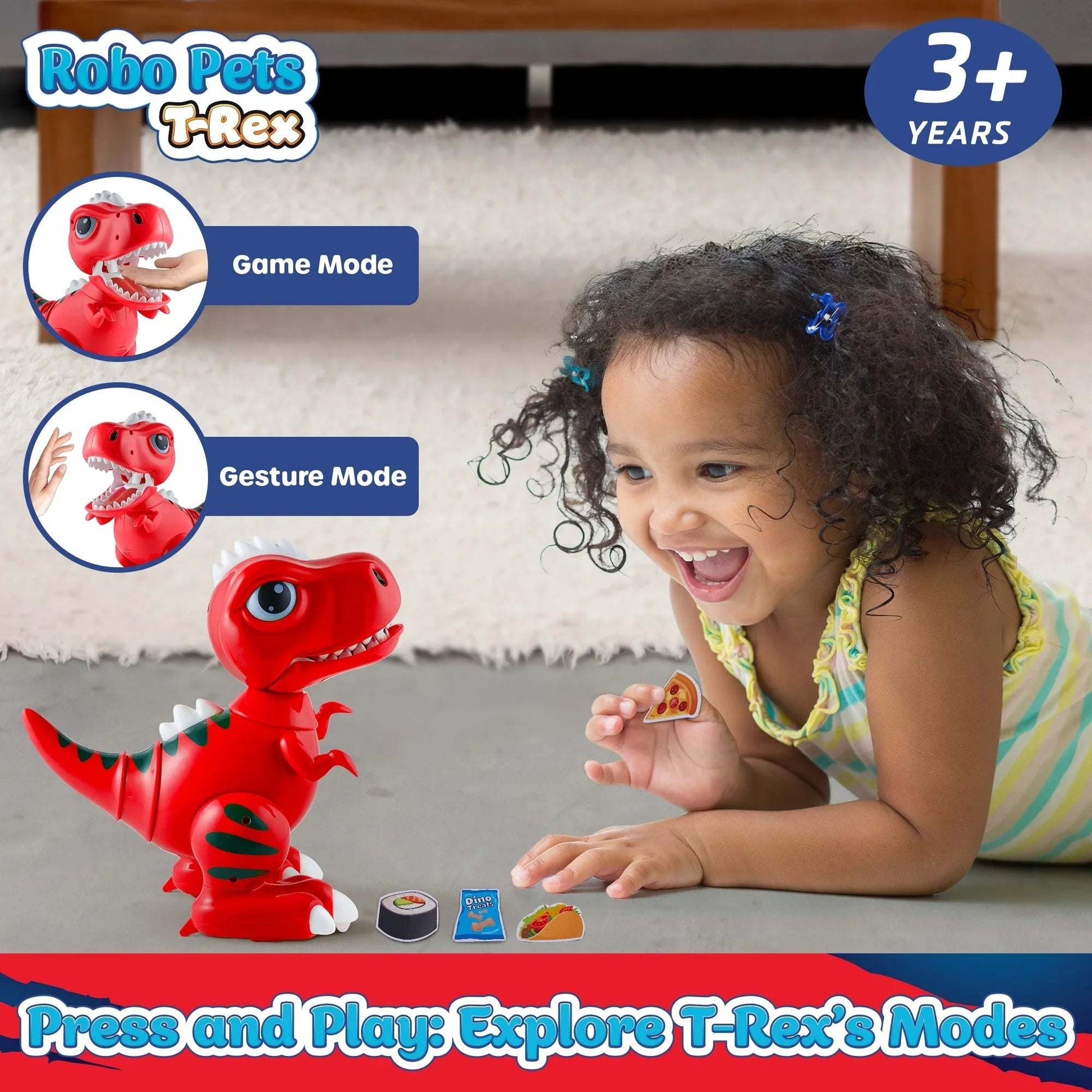 Red robot dino, white remote, and blue, grey and black food.-