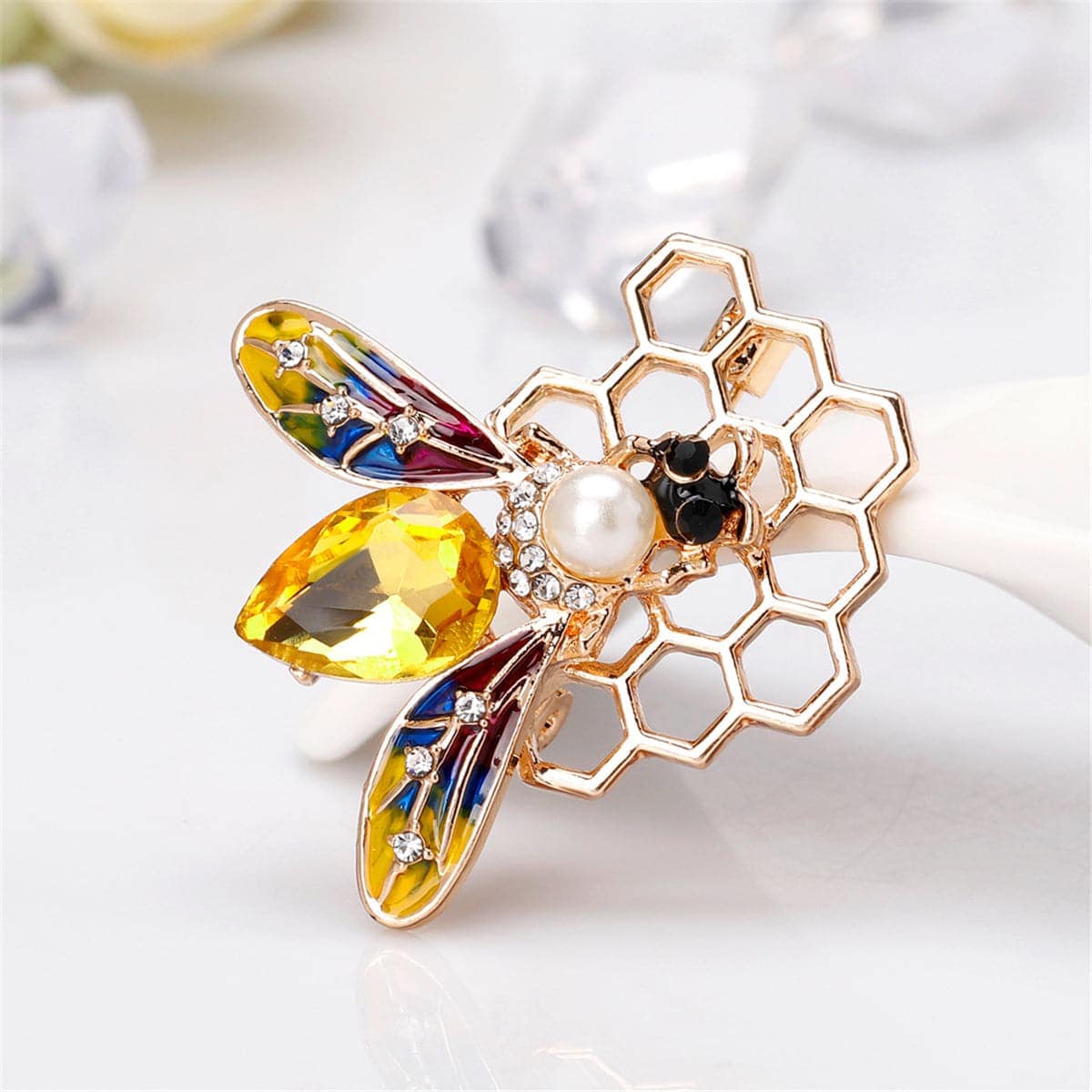 Pearl & Yellow Crystal Goldtone Bee Honeycomb Brooch