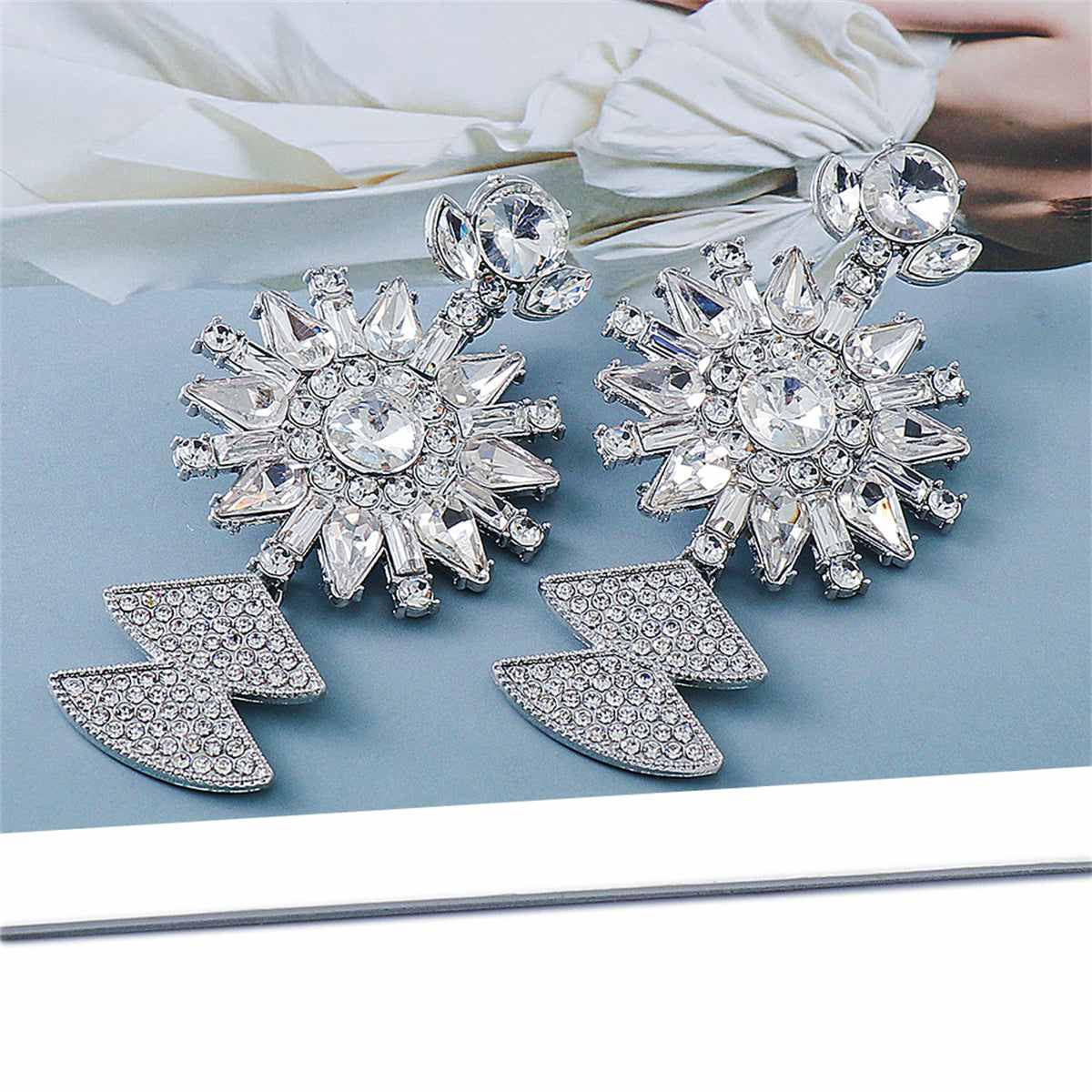 Crystal & Silvertone Sunflower Drop Earrings