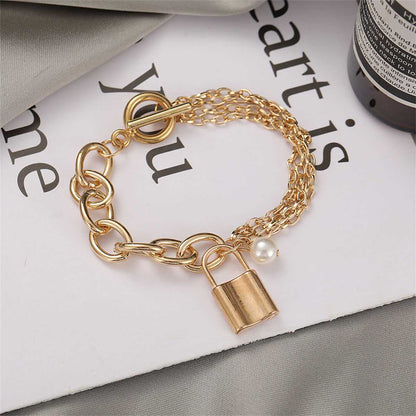 Pearl & Goldtone Layered Chain Lock Charm Anklet