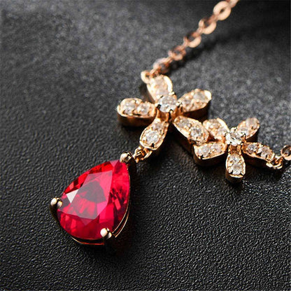Red Crystal & Cubic Zirconia Rose Goldtone Floral Pendant Necklace
