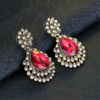 Red Crystal & Cubic Zirconia Ornate Floral Drop Earrings